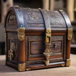 A detailed image of a treasure chest made of wood and metal, adorned with intricate carvings and a large lock