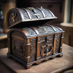 A detailed image of a treasure chest made of wood and metal, adorned with intricate carvings and a large lock