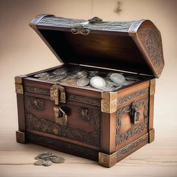 A detailed image of a treasure chest made of wood and metal, adorned with intricate carvings and a large lock