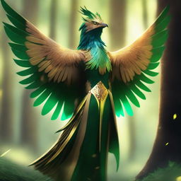 A majestic bird person with vibrant green and gold feathers