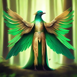 A majestic bird person with vibrant green and gold feathers