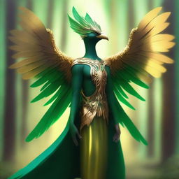 A majestic bird person with vibrant green and gold feathers