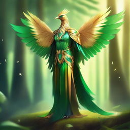 A majestic bird person with vibrant green and gold feathers