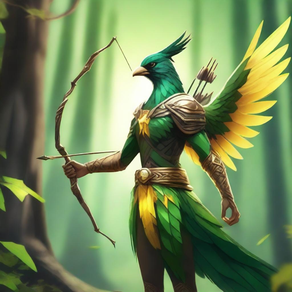 A majestic bird person with vibrant green and yellow feathers, holding a bow and arrow