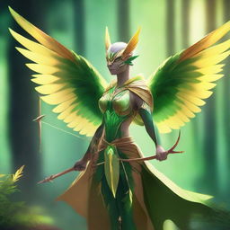 A majestic bird person with vibrant green and yellow feathers, holding a bow and arrow