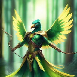 A majestic bird person with vibrant green and yellow feathers, holding a bow and arrow