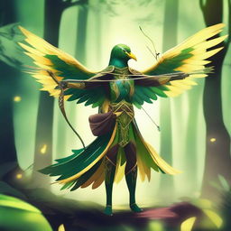 A majestic bird person with vibrant green and yellow feathers, holding a bow and arrow