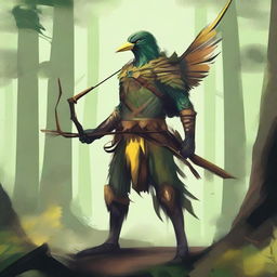 A rugged bird person with dirty green and yellow feathers, holding a bow and arrow