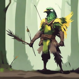 A rugged bird person with dirty green and yellow feathers, holding a bow and arrow