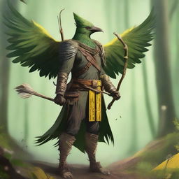 A rugged bird person with dirty green and yellow feathers, holding a bow and arrow