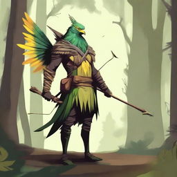 A rugged bird person with dirty green and yellow feathers, holding a bow and arrow