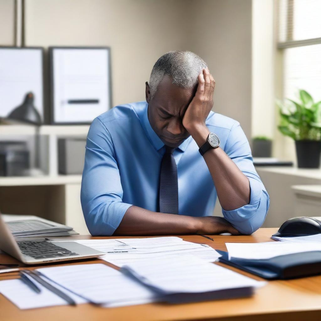 A detailed picture of a black male sitting at his office desk with his hands on his head and elbows on the table