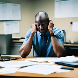 A detailed picture of a black male sitting at his office desk with his hands on his head and elbows on the table