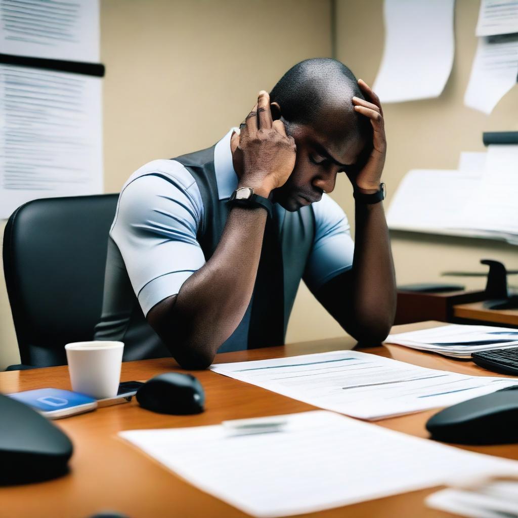 A detailed picture of a black male sitting at his office desk with his hands on his head and elbows on the table