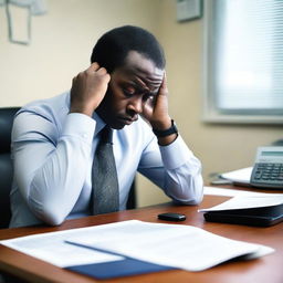 A detailed picture of a black male sitting at his office desk with his hands on his head and elbows on the table