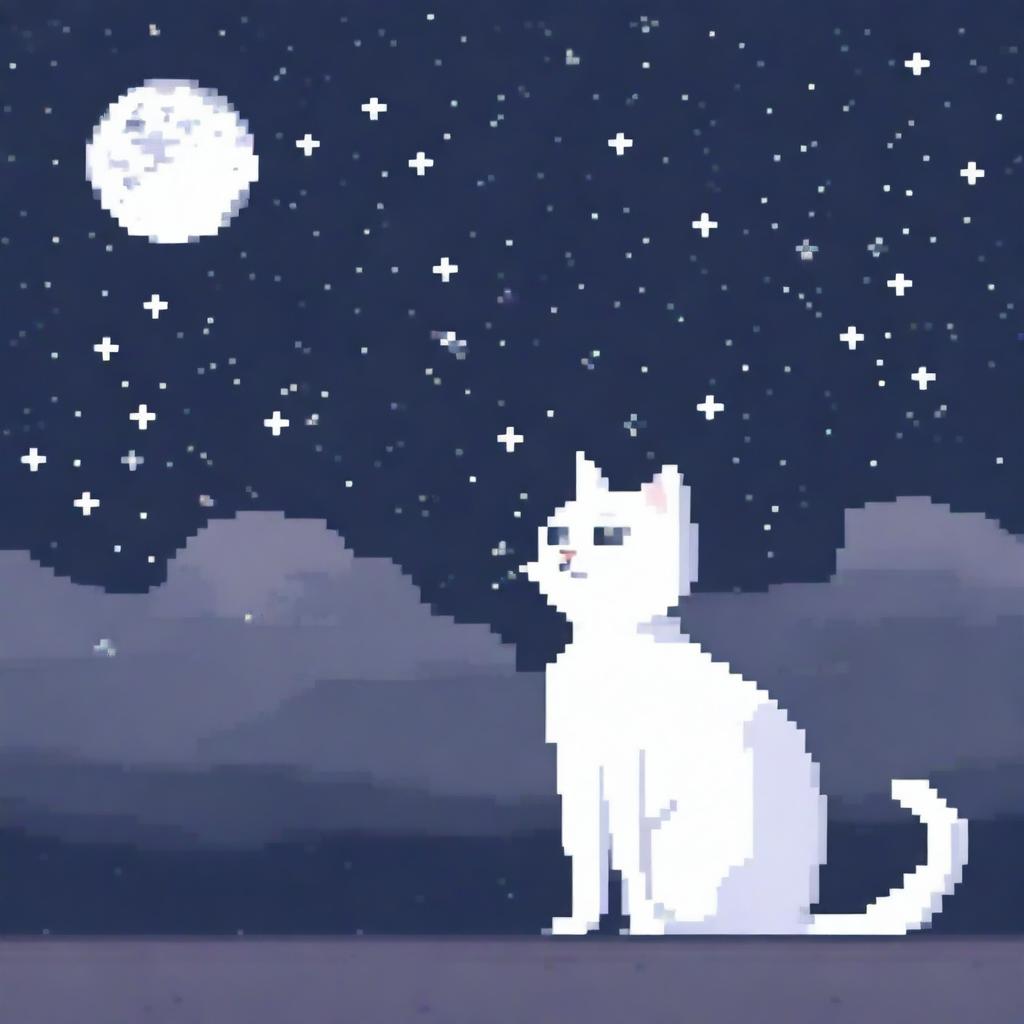 A white and gray cat looking at the night sky, depicted in pixel art style