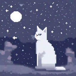 A white and gray cat looking at the night sky, depicted in pixel art style