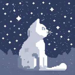 A white and gray cat looking at the night sky, depicted in pixel art style