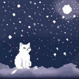 A white and gray cat looking at the night sky, depicted in pixel art style