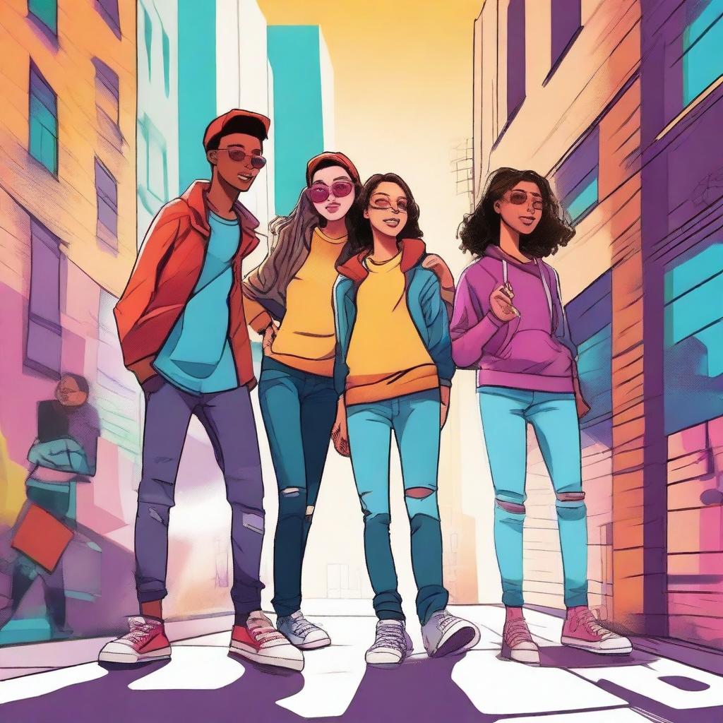 A vibrant and energetic scene featuring a group of teenagers hanging out in a modern urban setting