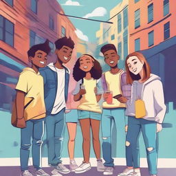 A vibrant and energetic scene featuring a group of teenagers hanging out in a modern urban setting