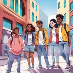 A vibrant and energetic scene featuring a group of teenagers hanging out in a modern urban setting