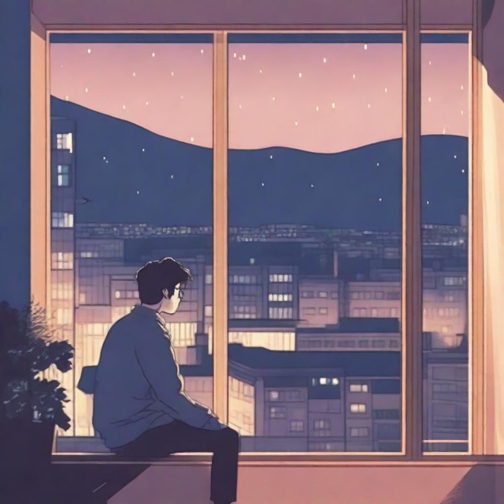 A lofi cover art depicting a person sitting alone by a window in a city