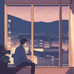 A lofi cover art depicting a person sitting alone by a window in a city