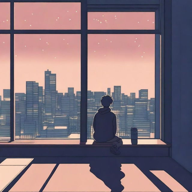 A lofi cover art depicting a person sitting alone by a window in a city