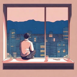 A lofi cover art depicting a person sitting alone by a window in a city