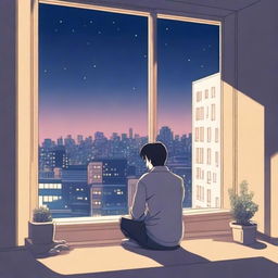 A lofi cover art depicting a person sitting alone by a window in a city