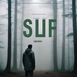 Generate a film poster image featuring a dense forest with a foggy atmosphere and a dark, dank, overcast sky