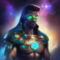 Create an image of a human space druid with a glowing gem on his chest