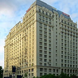 A grand hotel with a towering facade, multiple windows, and elegant architectural design.