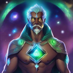 Create an image of a human space druid with a glowing gem on his chest