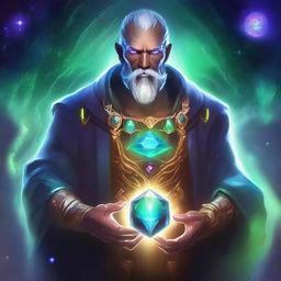 Create an image of a human space druid with a glowing gem on his chest