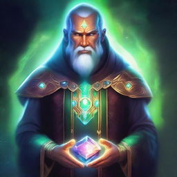 Create an image of a human space druid with a glowing gem on his chest