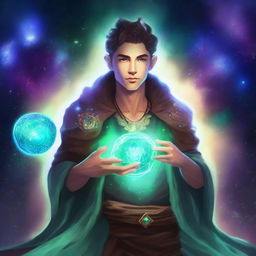 Create an image of a young adult human space druid with a magical gem glowing on their chest