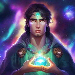 Create an image of a young adult human space druid with a magical gem glowing on their chest