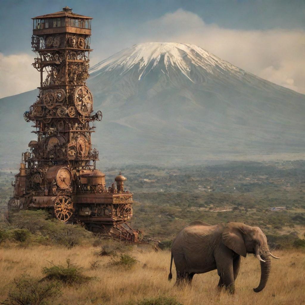 A steampunk-inspired version of Tanzania, highlighting Mount Kilimanjaro with antique gears adorning its slopes, cities like Dar es Salaam boasting copper-clad towers, and the wild Serengeti teeming with mechanized wildlife.