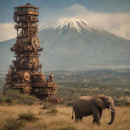 A steampunk-inspired version of Tanzania, highlighting Mount Kilimanjaro with antique gears adorning its slopes, cities like Dar es Salaam boasting copper-clad towers, and the wild Serengeti teeming with mechanized wildlife.