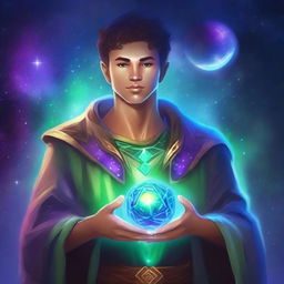 Create an image of a young adult human space druid with a magical gem glowing on their chest