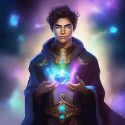 Create an image of a young adult human space druid with a magical gem glowing on their chest