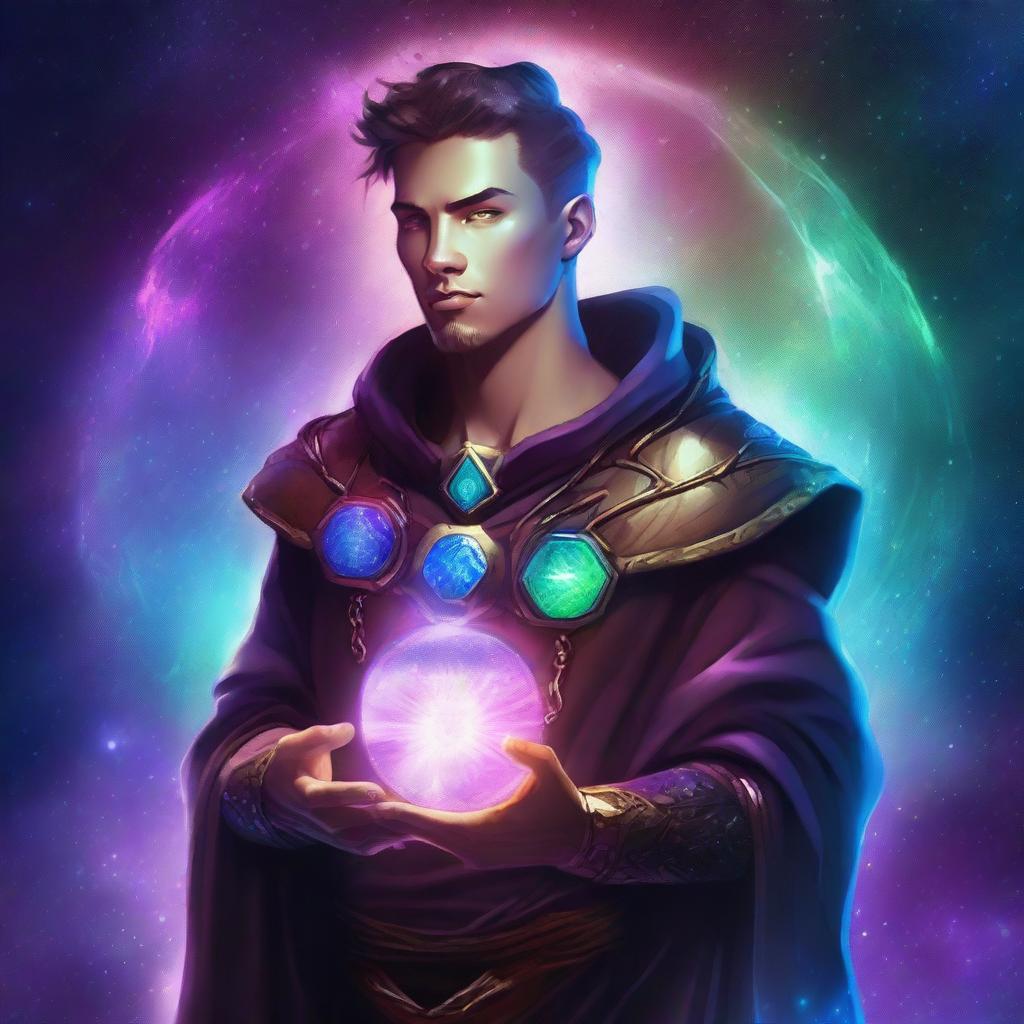 Create an image of a young adult human space Druid with a magical gem glowing on their chest