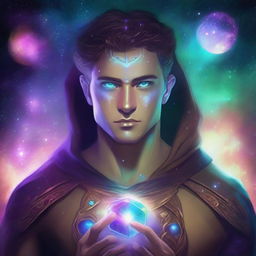 Create an image of a young adult human space Druid with a magical gem glowing on their chest