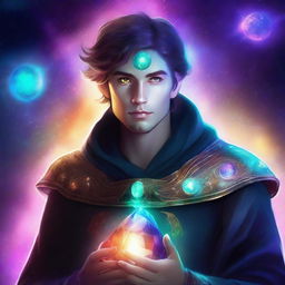 Create an image of a young adult human space Druid with a magical gem glowing on their chest