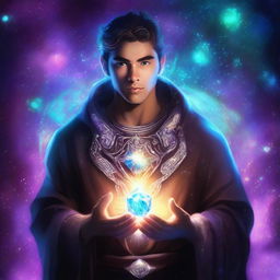 Create an image of a young adult human space Druid with a magical gem glowing on their chest