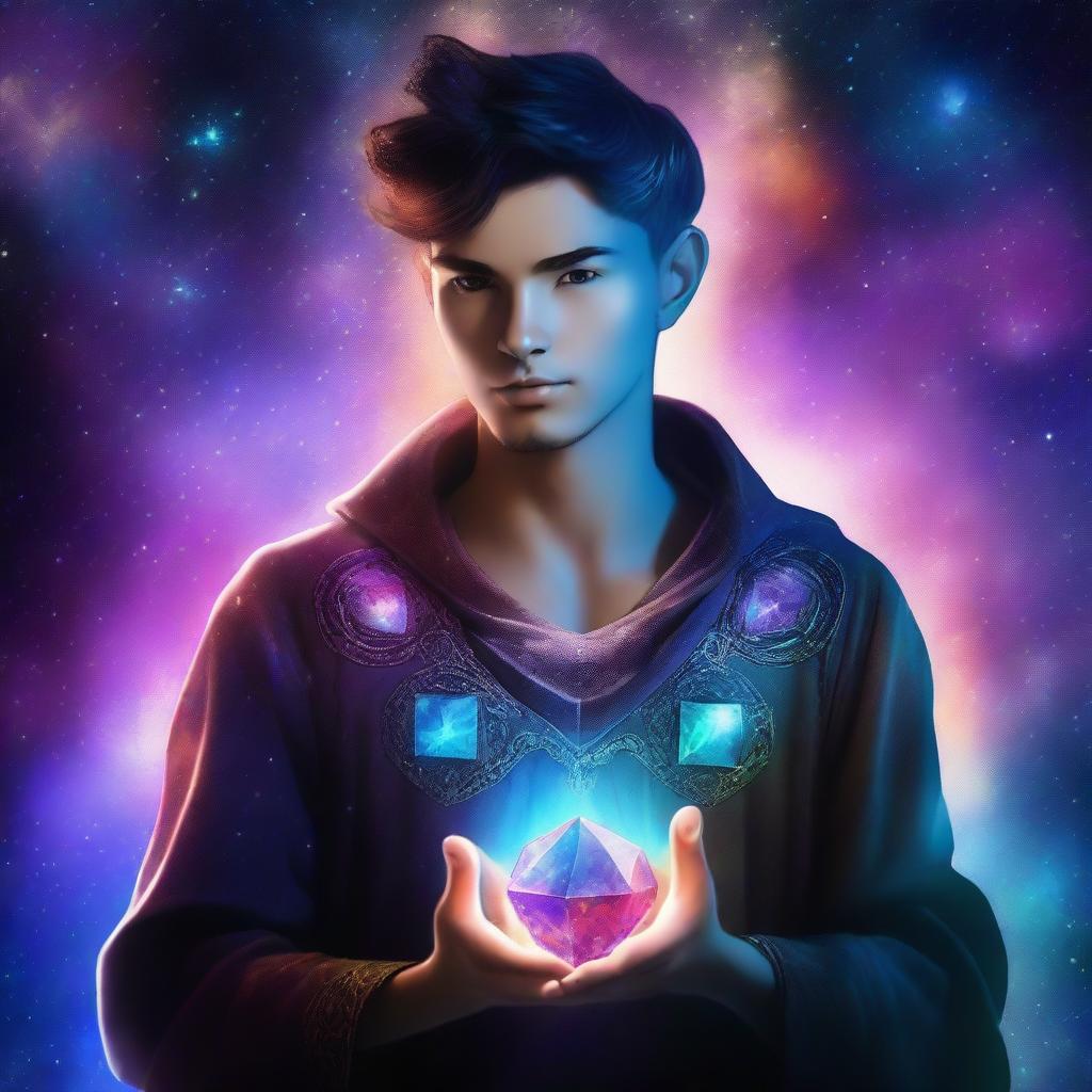 Create an image of a young adult human space Druid with a magical gem glowing on their chest