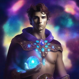 Create an image of a young adult human space Druid with a magical gem glowing on their chest