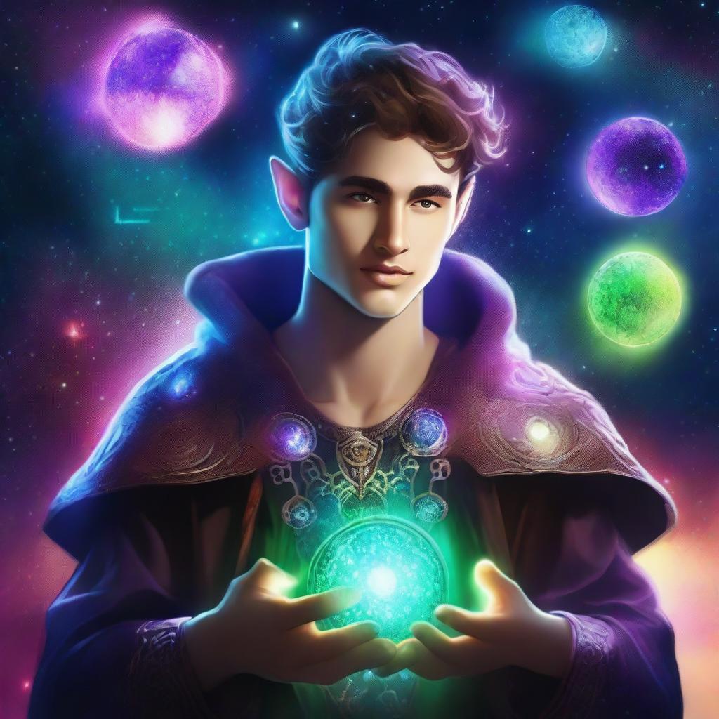 Create an image of a young adult human space Druid with a magical gem glowing on their chest